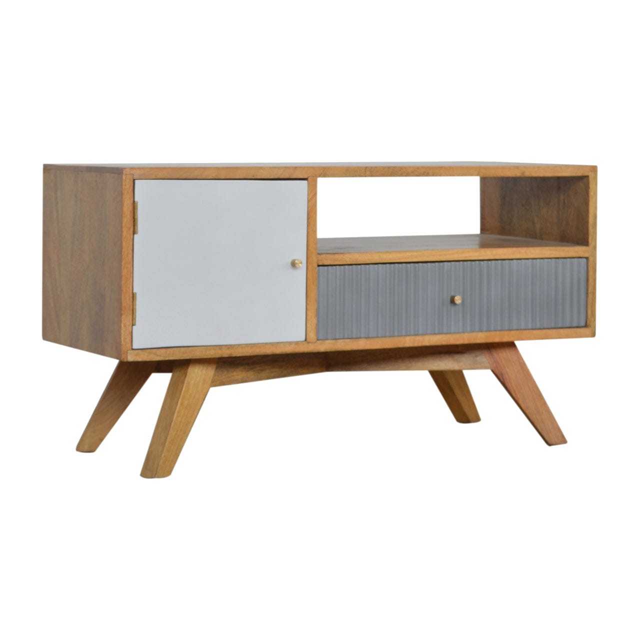 Mid-Century Modern Line Grey TV Stand - Solid Mango Wood Entertainment Center for Living Room - main view showing...