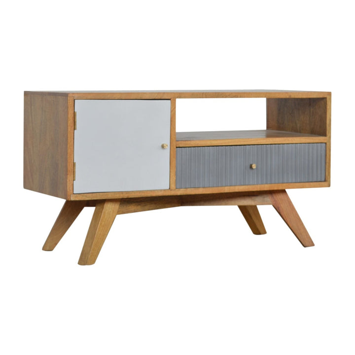 Mid-Century Modern Line Grey TV Stand - Solid Mango Wood Entertainment Center for Living Room - main view showing...