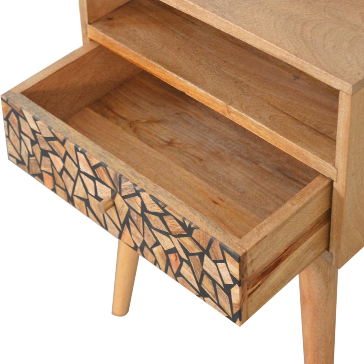 Mid-Century Modern Lisbon Nightstand - Solid Mango Wood Bedside Table for Bedroom - product view 5 showing handcrafted...