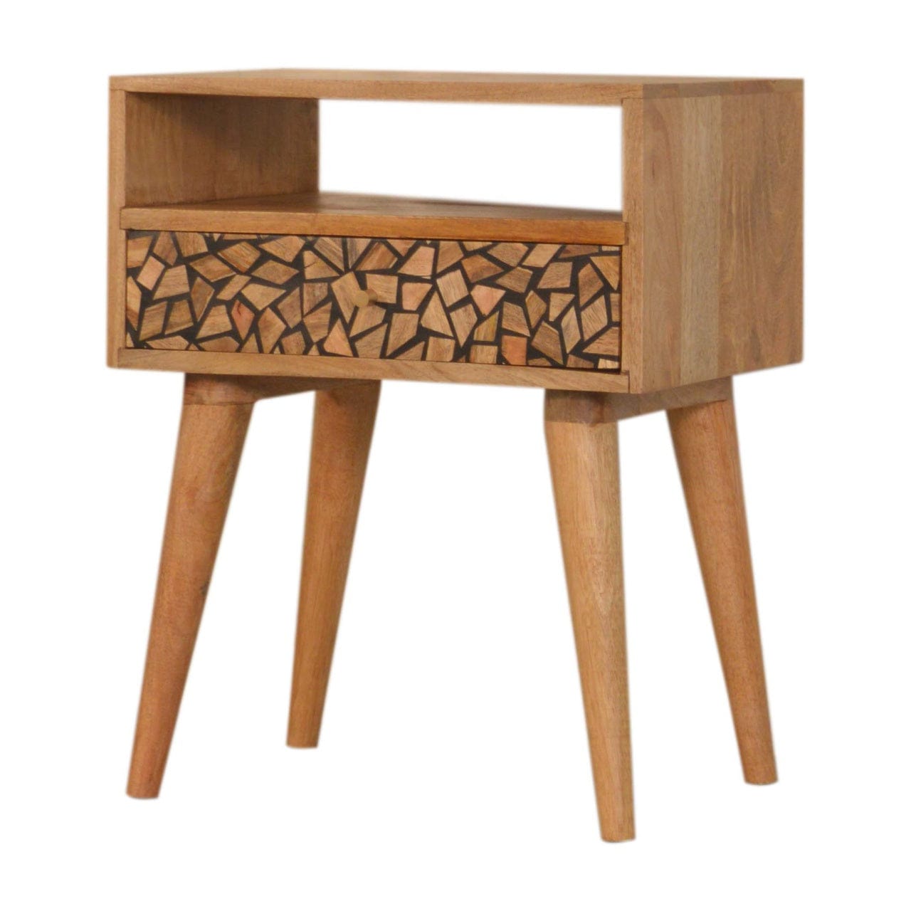 Mid-Century Modern Lisbon Nightstand - Solid Mango Wood Bedside Table for Bedroom - product view 2 showing handcrafted...