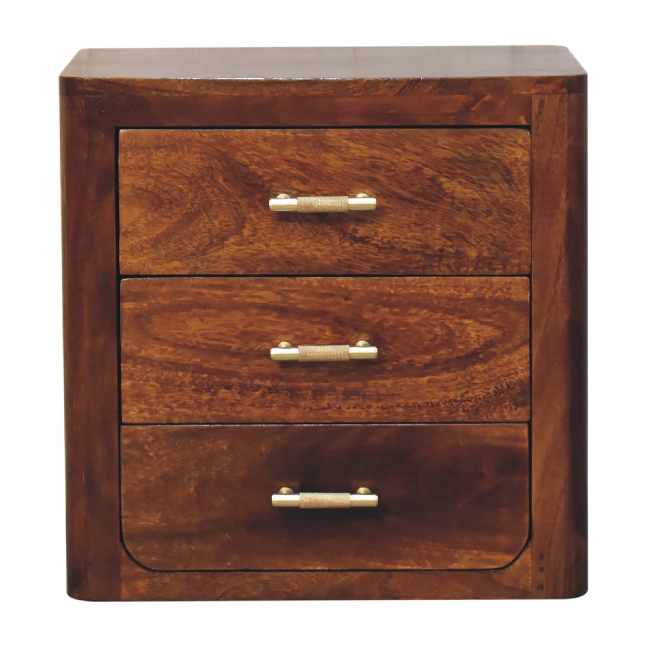 Mid-Century Modern Luca Nightstand - Solid mango wood nightstand with three drawers and gold handles.