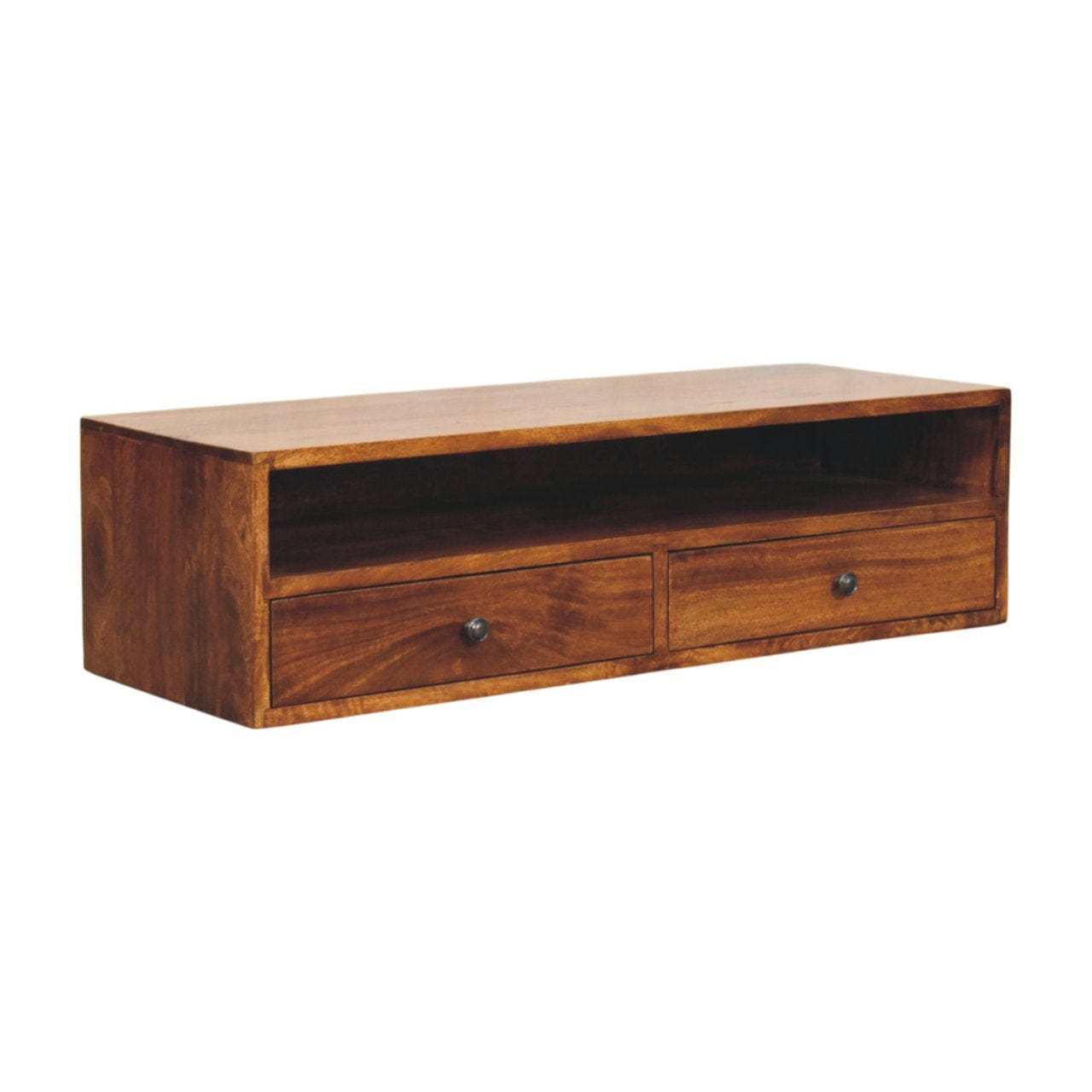Mid-Century Modern Lunar Chestnut Wall Mounted TV Stand - Solid Mango Wood Floating Media Unit - product view 3 showing...