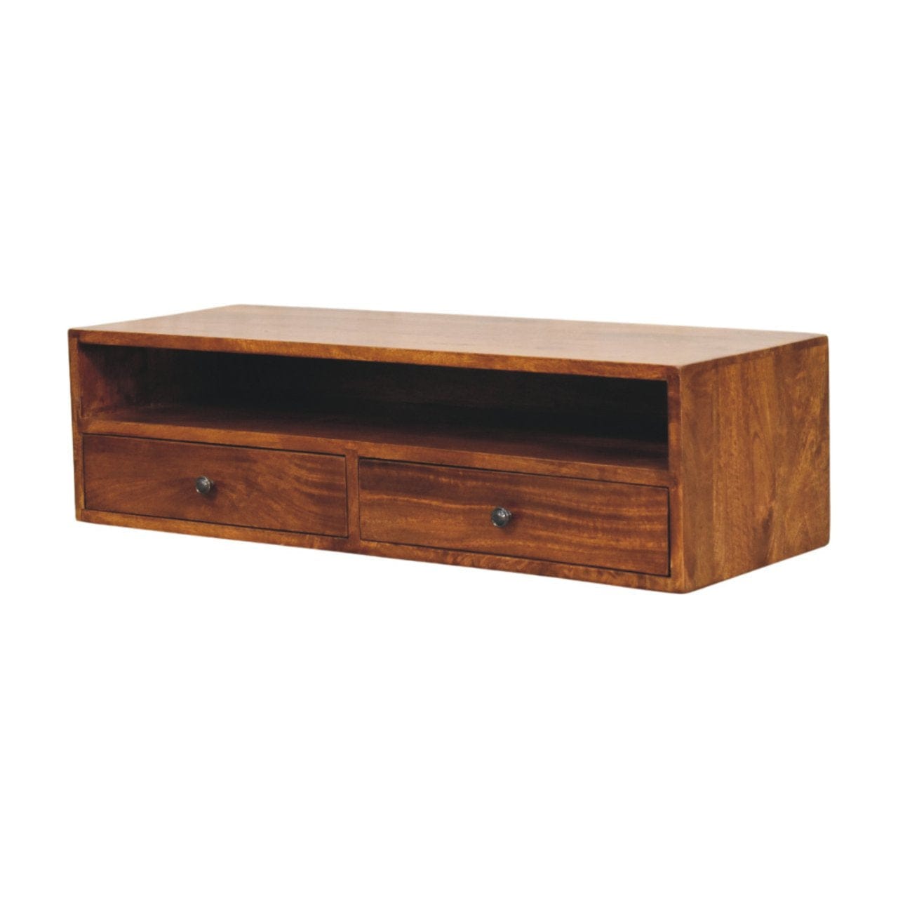 Mid-Century Modern Lunar Chestnut Wall Mounted TV Stand - Solid Mango Wood Floating Media Unit - product view 2 showing...
