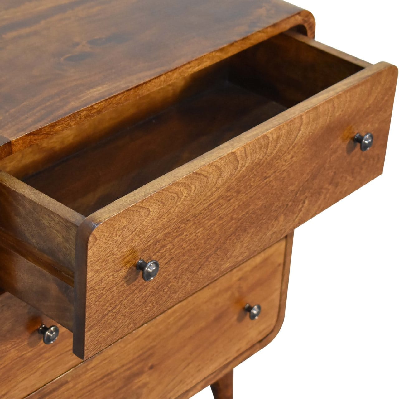 Mid-Century Modern Mini Curved Chestnut Dresser - Solid Mango Wood Storage Chest for Bedroom - product view 7 showing...