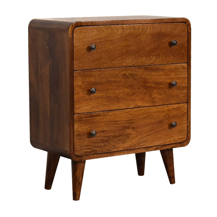 Mid-Century Modern Mini Curved Chestnut Dresser - Solid Mango Wood Storage Chest for Bedroom - product view 4 showing...