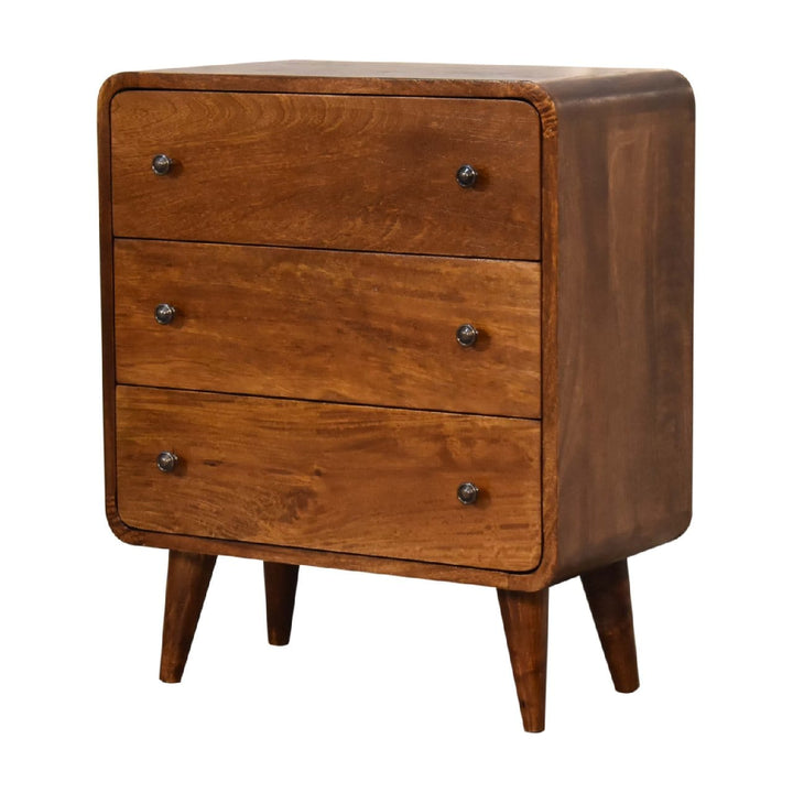 Mid-Century Modern Mini Curved Chestnut Dresser - Solid Mango Wood Storage Chest for Bedroom - product view 3 showing...