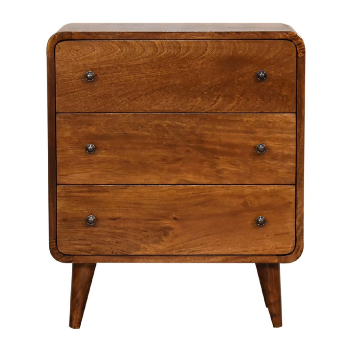 Mid-Century Modern Mini Curved Chestnut Dresser - Solid Mango Wood Storage Chest for Bedroom - product view 2 showing...