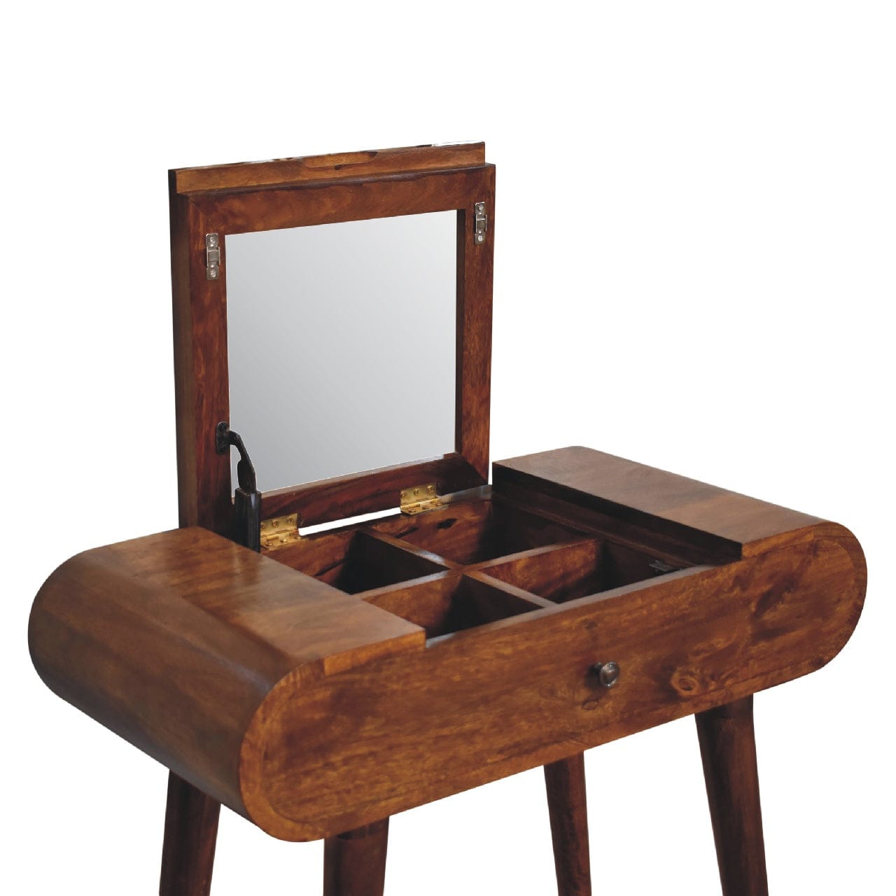 Mid-Century Modern Mini Round Chestnut Fold Dressing Table - Solid Mango Wood Vanity Table for Bedroom - product view 7...