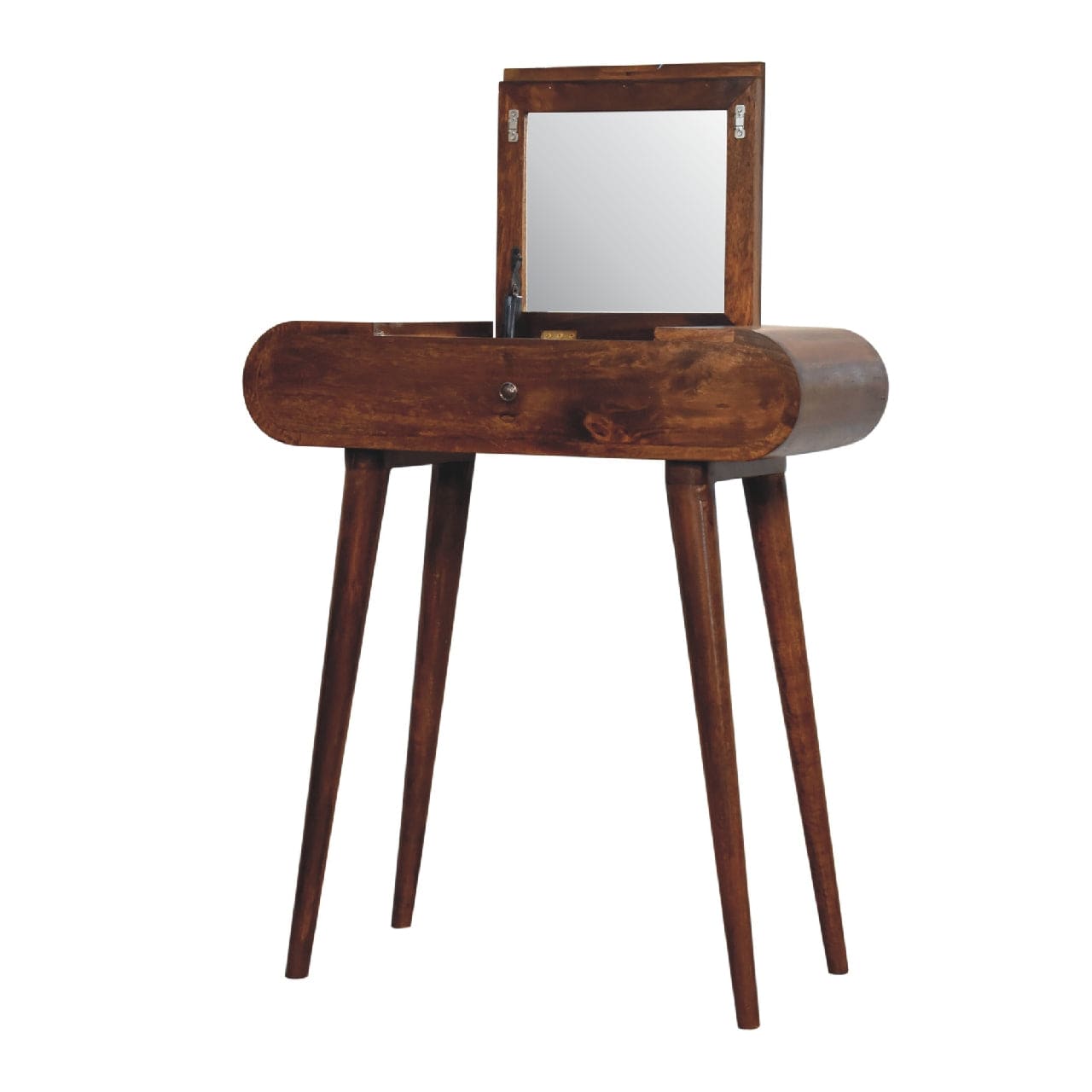 Mid-Century Modern Mini Round Chestnut Fold Dressing Table - Solid Mango Wood Vanity Table for Bedroom - product view 6...