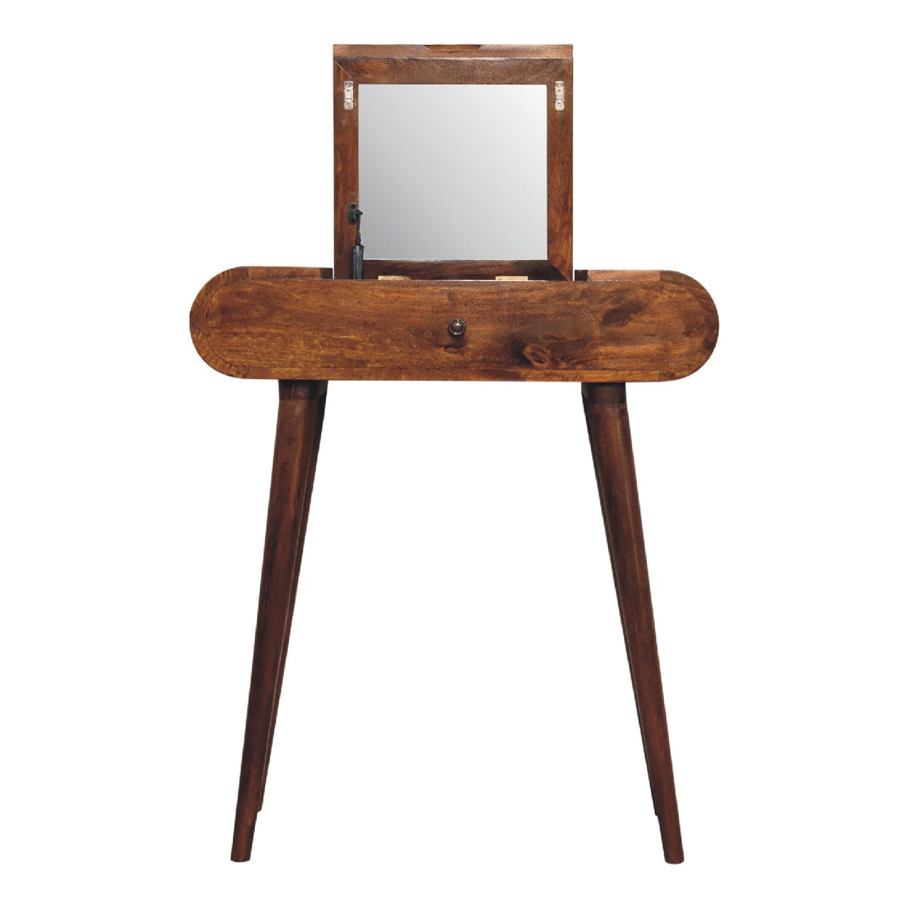 Mid-Century Modern Mini Round Chestnut Fold Dressing Table - Solid Mango Wood Vanity Table for Bedroom - product view 5...