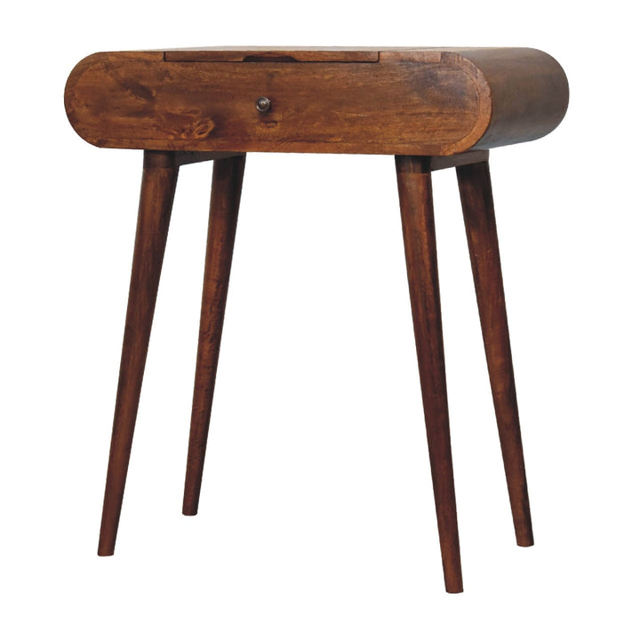 Mid-Century Modern Mini Round Chestnut Fold Dressing Table - Solid Mango Wood Vanity Table for Bedroom - product view 4...