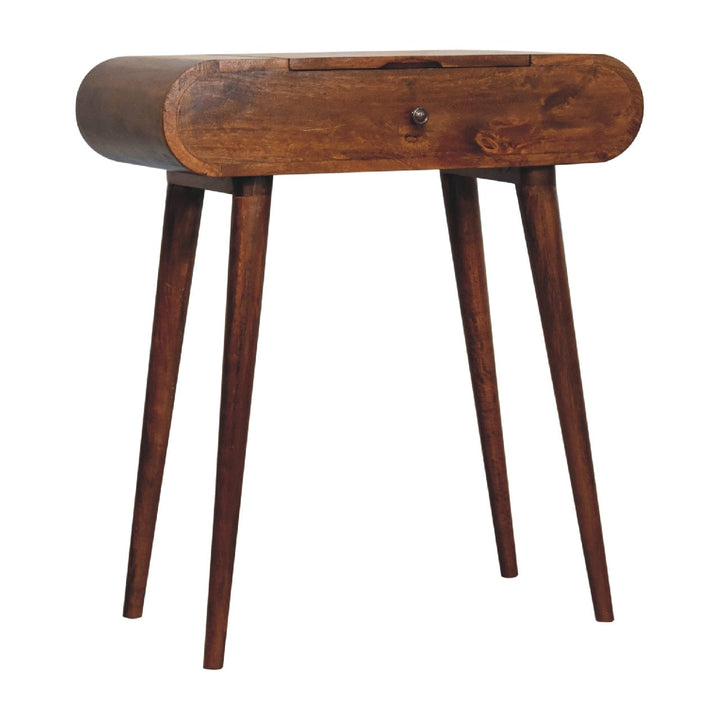 Mid-Century Modern Mini Round Chestnut Fold Dressing Table - Solid Mango Wood Vanity Table for Bedroom - product view 3...