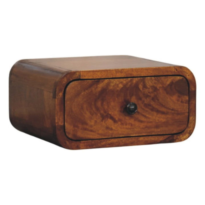 Mini Wall-Mounted Chestnut 1 Drawer Nightstand - Solid Mango Wood Bedside Table for Bedroom - product view 3 showing...