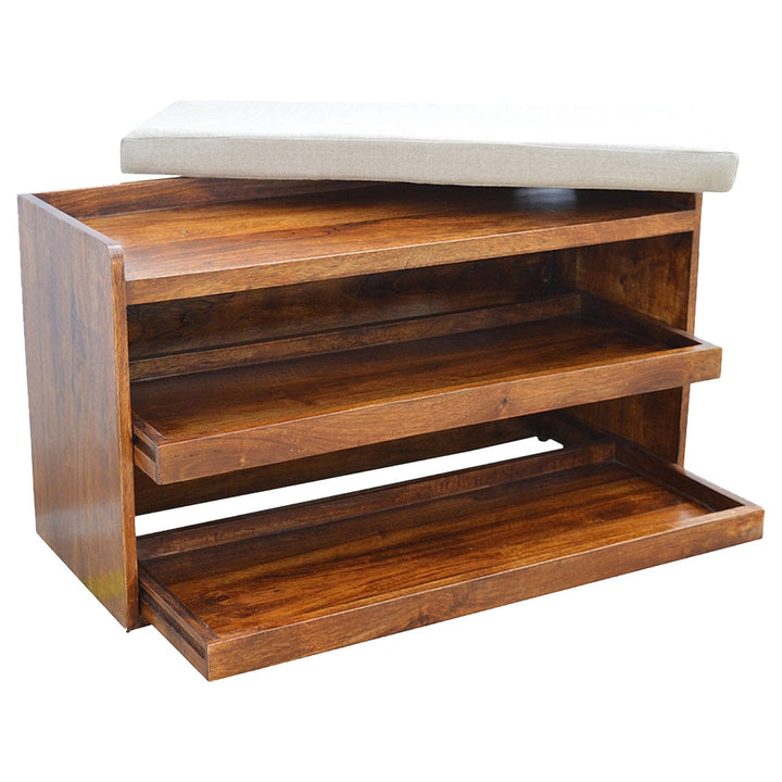 Rustic Mud Linen Shoe Bench - Solid Mango Wood Seating Furniture for Entryway - product view 9 showing handcrafted solid...