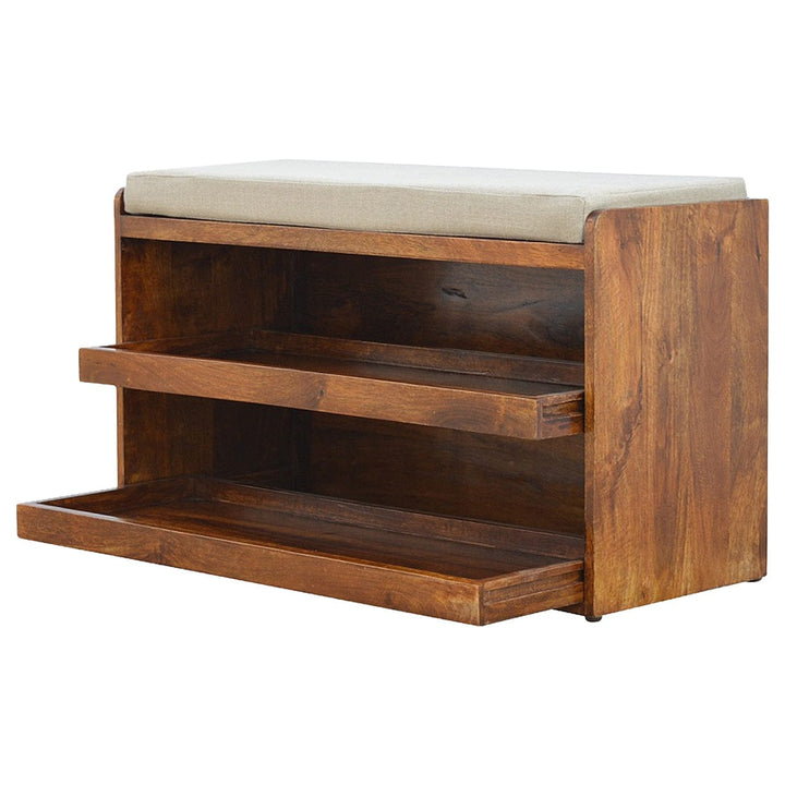 Rustic Mud Linen Shoe Bench - Solid Mango Wood Seating Furniture for Entryway - product view 3 showing handcrafted solid...