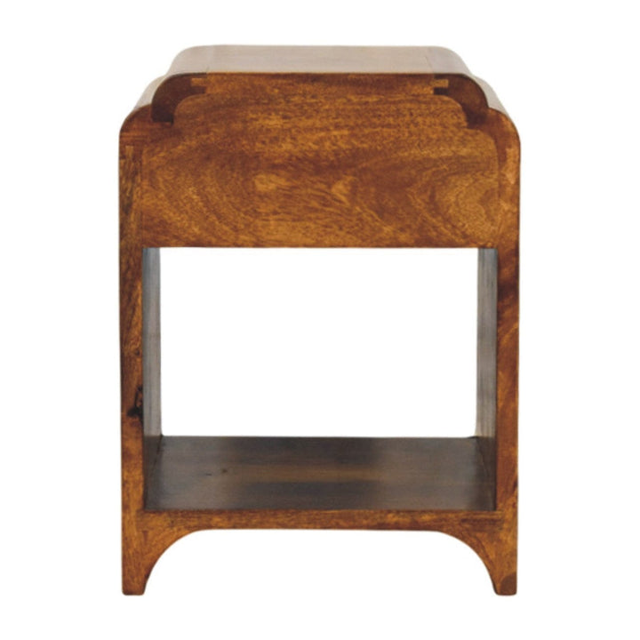 Newton Mini Chestnut Nightstand - Solid Mango Wood Bedside Table for Bedroom - product view 8 showing handcrafted solid...