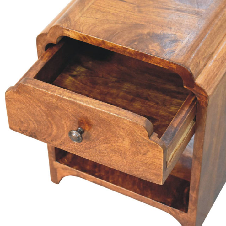 Newton Mini Chestnut Nightstand - Solid Mango Wood Bedside Table for Bedroom - product view 5 showing handcrafted solid...