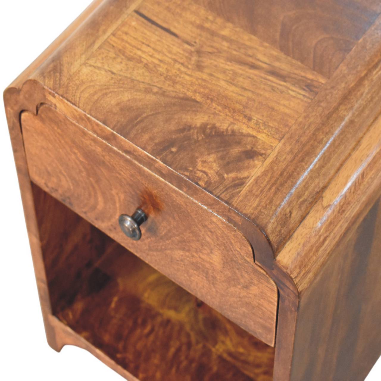 Newton Mini Chestnut Nightstand - Solid Mango Wood Bedside Table for Bedroom - product view 4 showing handcrafted solid...
