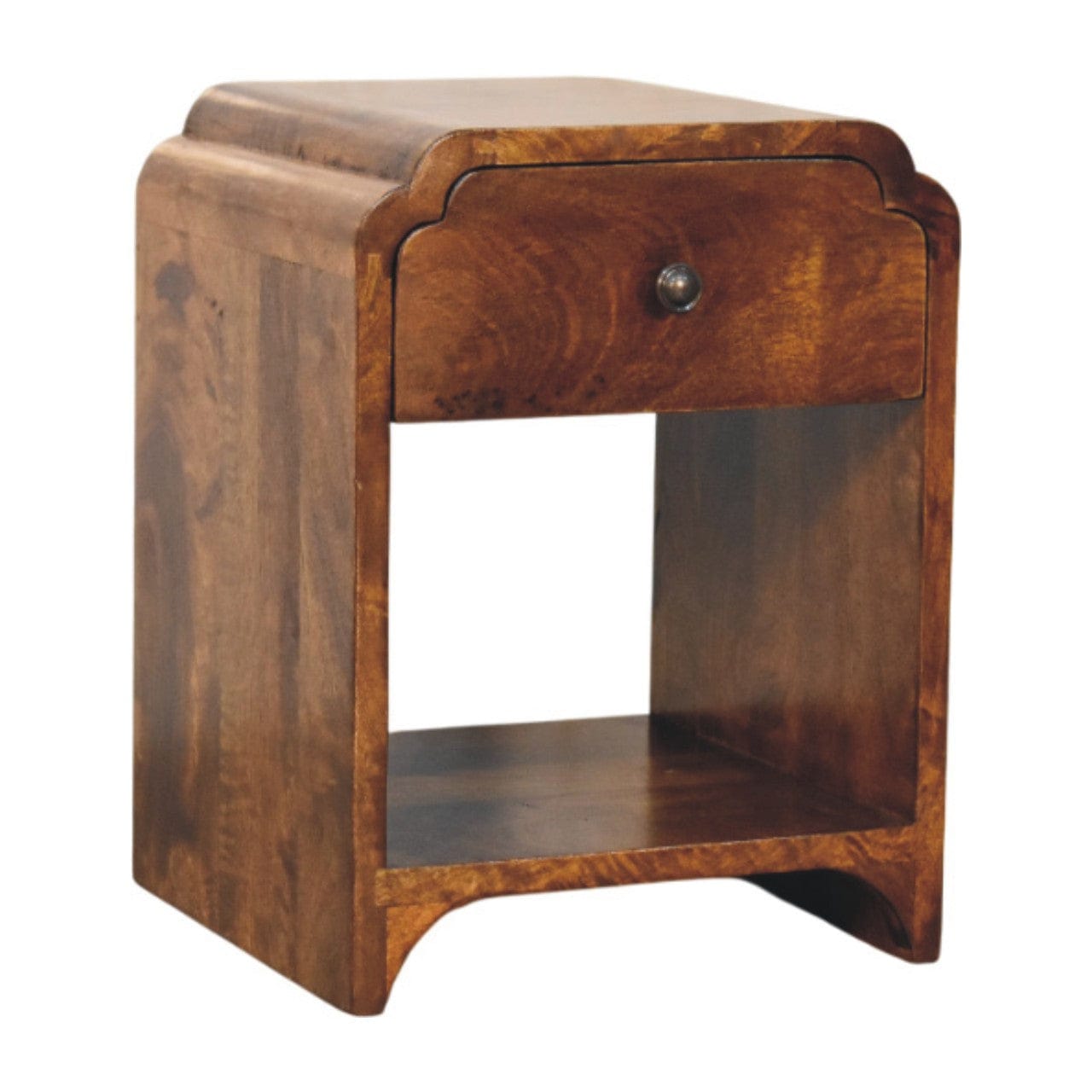 Newton Mini Chestnut Nightstand - Solid Mango Wood Bedside Table for Bedroom - product view 3 showing handcrafted solid...