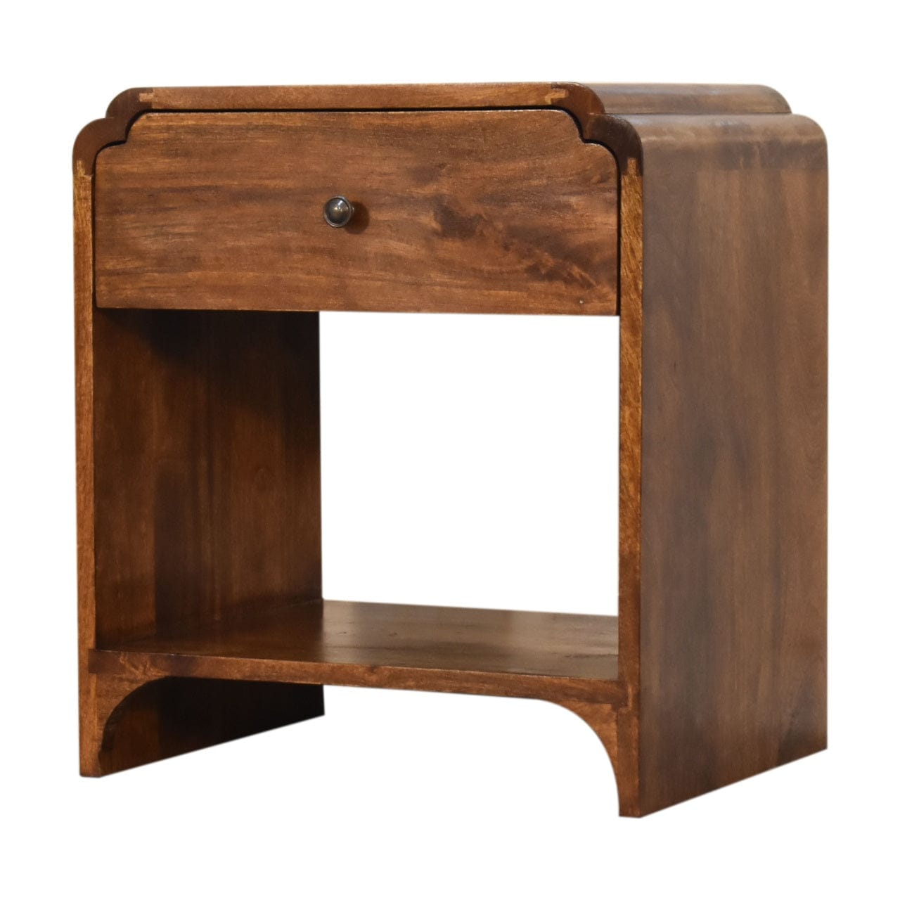 Mid-Century Modern Newton Nightstand - Solid mango wood nightstand with drawer and open shelf.