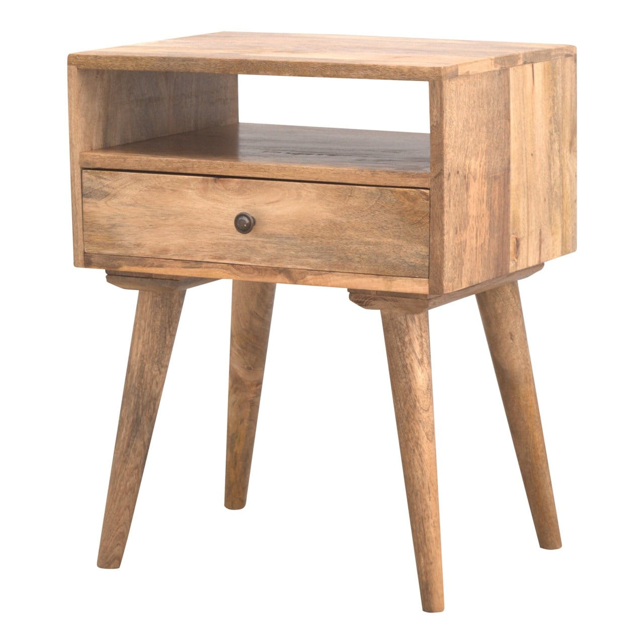 Mid-Century Modern Nightstand - Solid Mango Wood Bedside Table for Bedroom - product view 3 showing handcrafted solid...