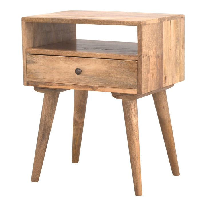 Mid-Century Modern Nightstand - Solid Mango Wood Bedside Table for Bedroom - product view 3 showing handcrafted solid...
