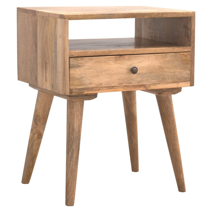Mid-Century Modern Nightstand - Solid Mango Wood Bedside Table for Bedroom - product view 2 showing handcrafted solid...