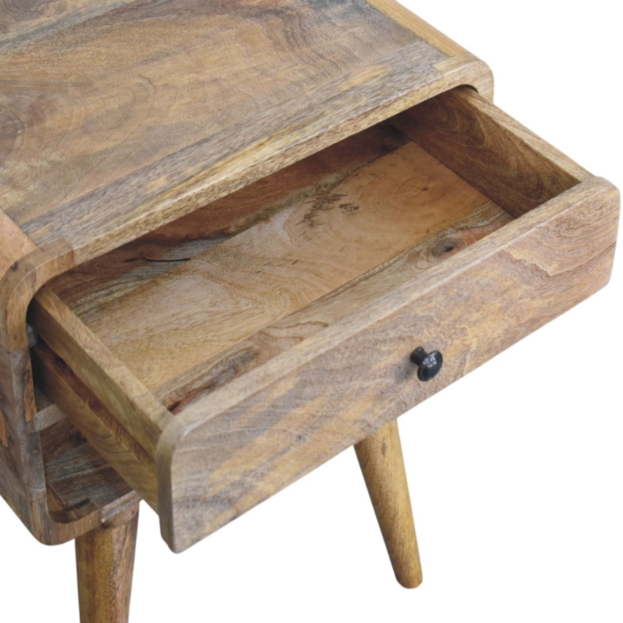 Mid-Century Modern Oak-ish Nightstand - Solid Mango Wood Bedside Table for Bedroom - product view 6 showing handcrafted...