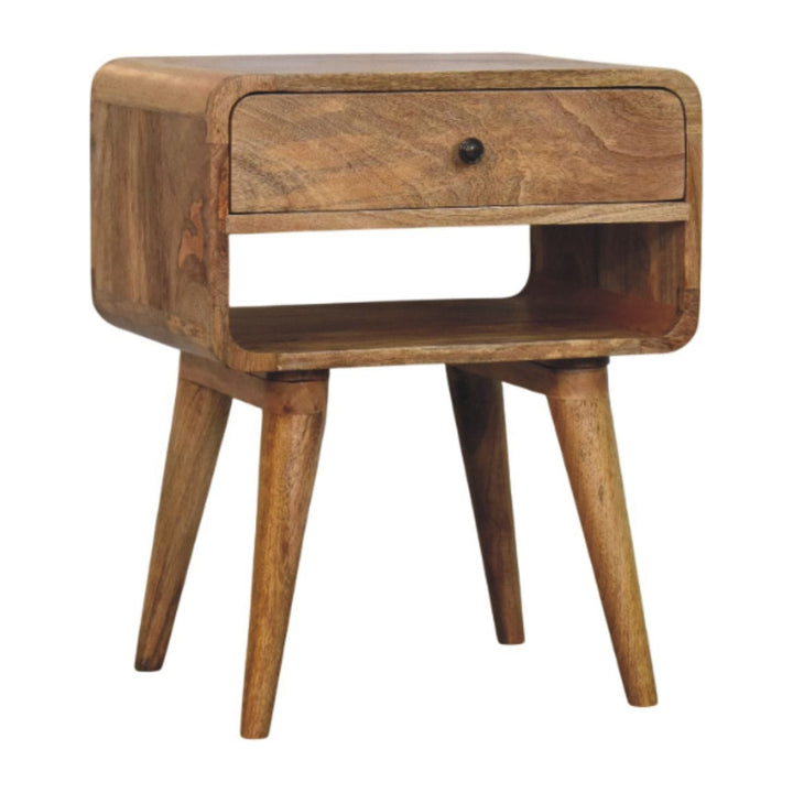 Mid-Century Modern Oak-ish Nightstand - Solid Mango Wood Bedside Table for Bedroom - product view 3 showing handcrafted...