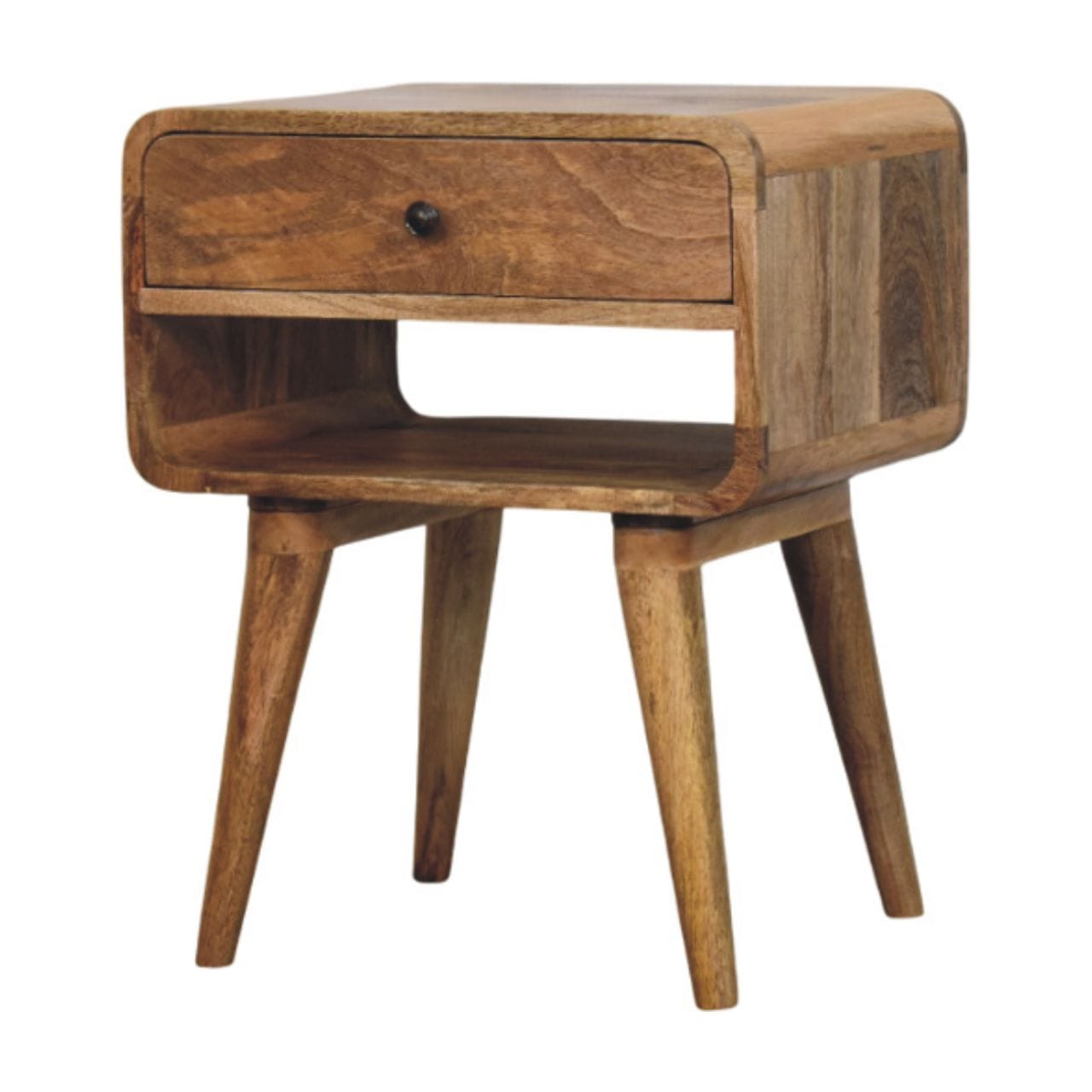 Mid-Century Modern Oak-ish Nightstand - Solid Mango Wood Bedside Table for Bedroom - product view 2 showing handcrafted...
