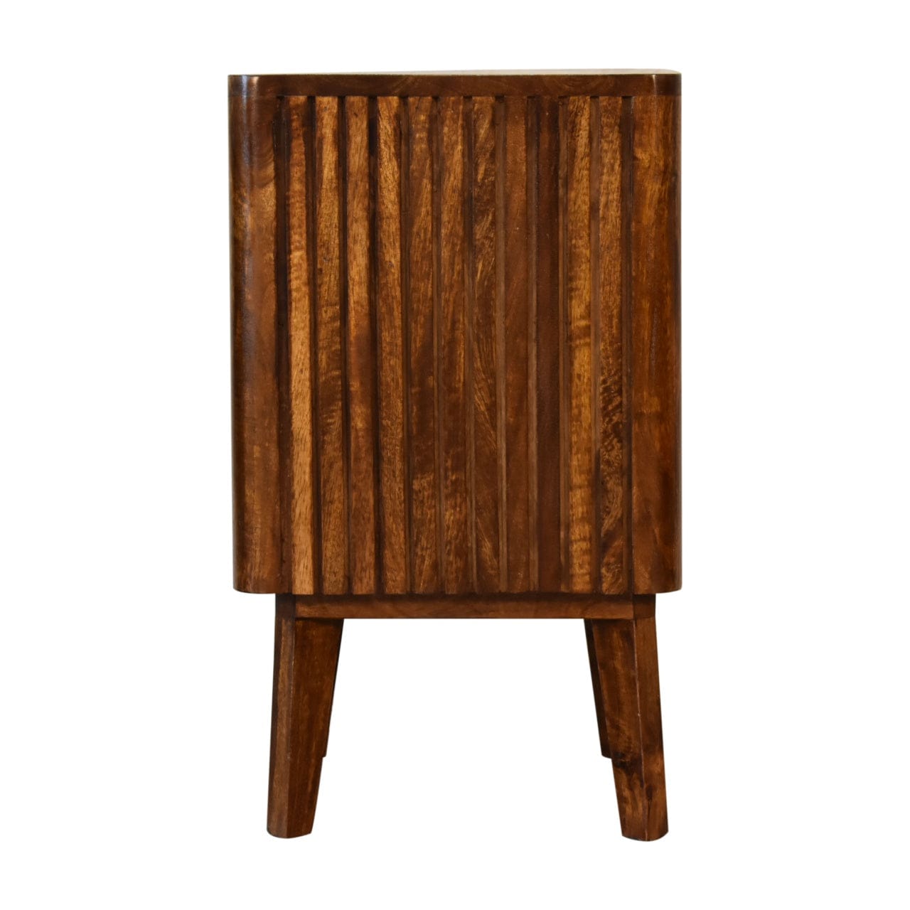 Mid-Century Modern Reeve Nightstand - Solid Mango Wood Bedside Table for Bedroom with textured wood design.