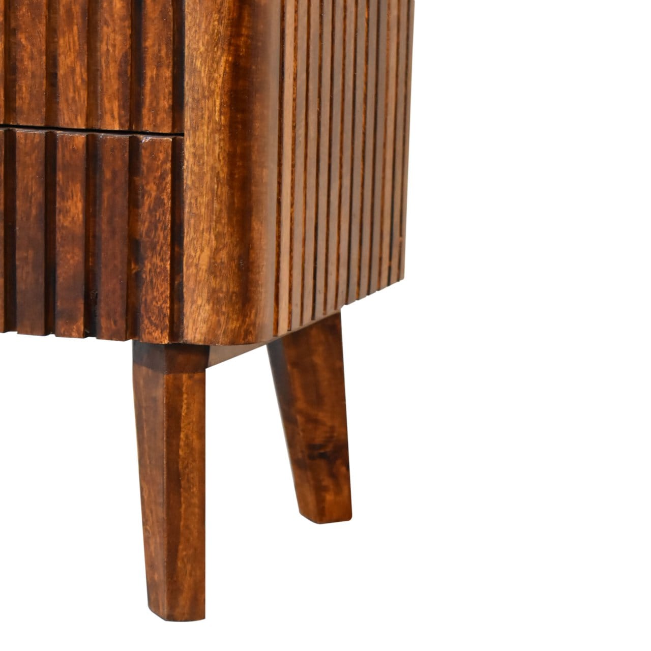 Mid-Century Modern Reeve Nightstand - Solid Mango Wood Bedside Table for Bedroom detail showcasing wood texture and legs