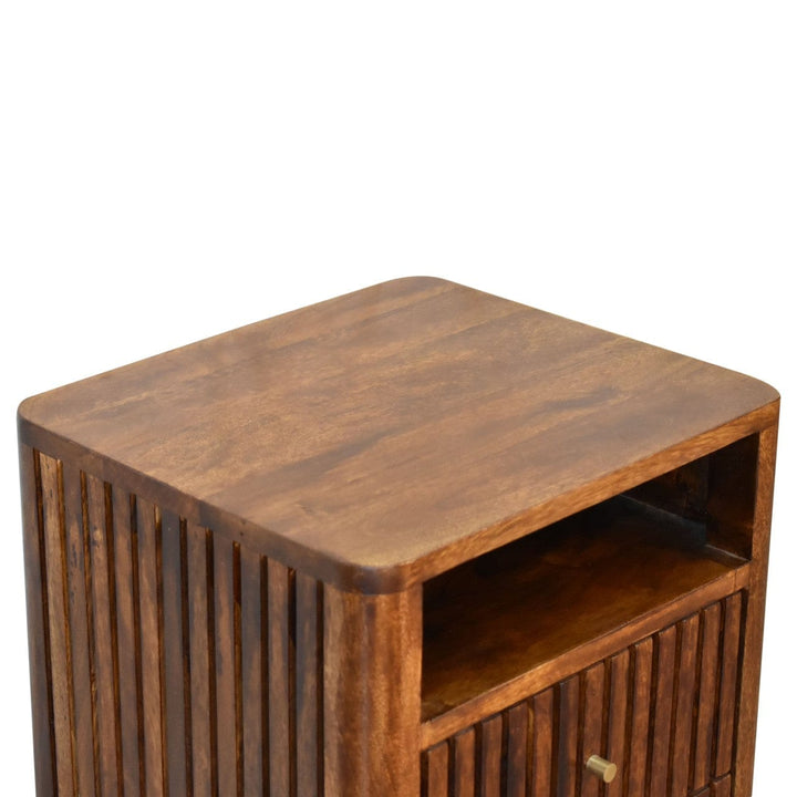 Mid-Century Modern Reeve Nightstand - Solid Mango Wood Bedside Table for Bedroom with a top view showcasing its handcrafted design.