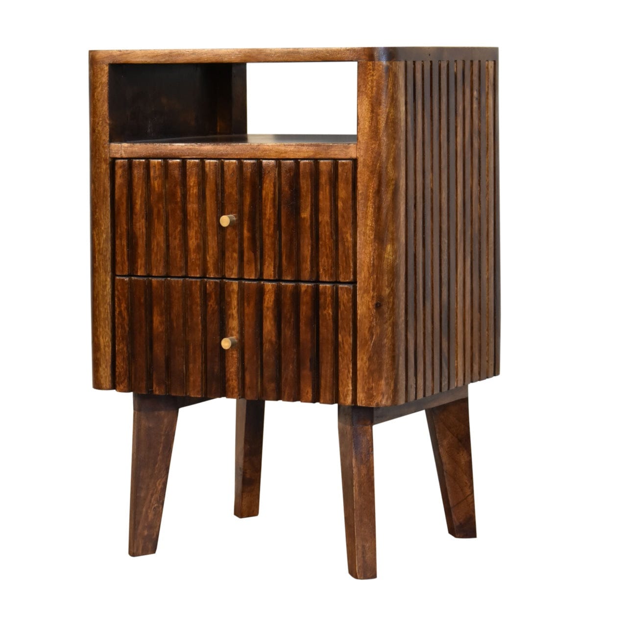Mid-Century Modern Reeve Nightstand - Solid Mango Wood Bedside Table for Bedroom, featuring two drawers and open shelf.