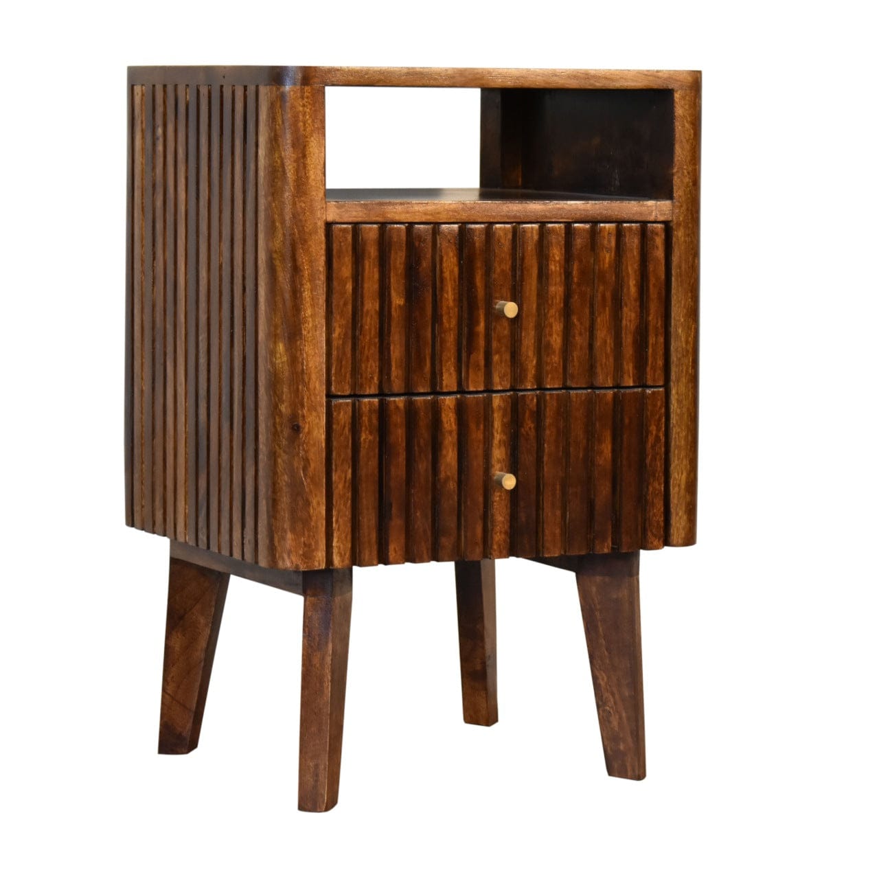 Mid-Century Modern Reeve Nightstand - Solid Mango Wood Bedside Table for Bedroom with two drawers and open shelf.