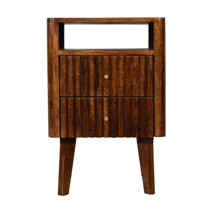 Mid-Century Modern Reeve Nightstand - Solid Mango Wood Bedside Table for Bedroom in rich brown finish with two drawers.
