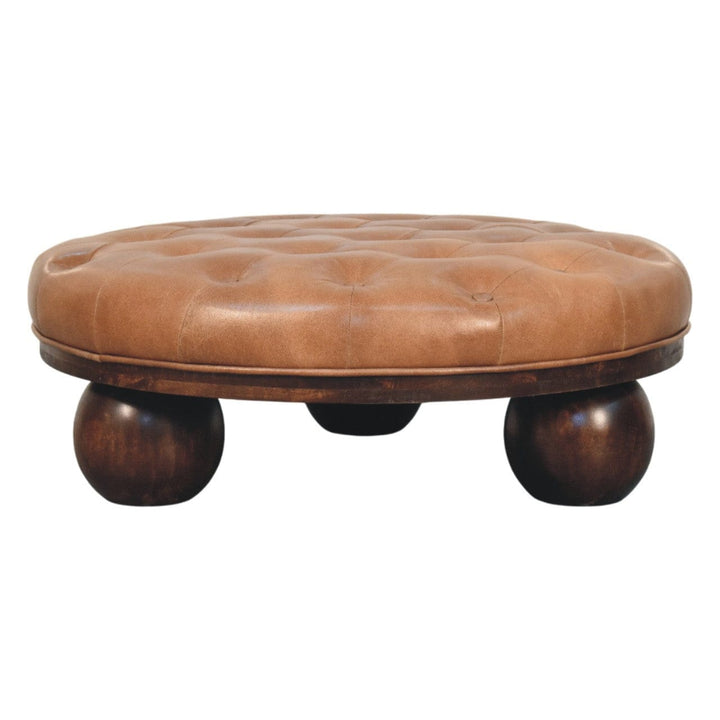 Sfera Coffee Table - Solid Mango Wood Center Table for Living Room, round leather top with wooden legs