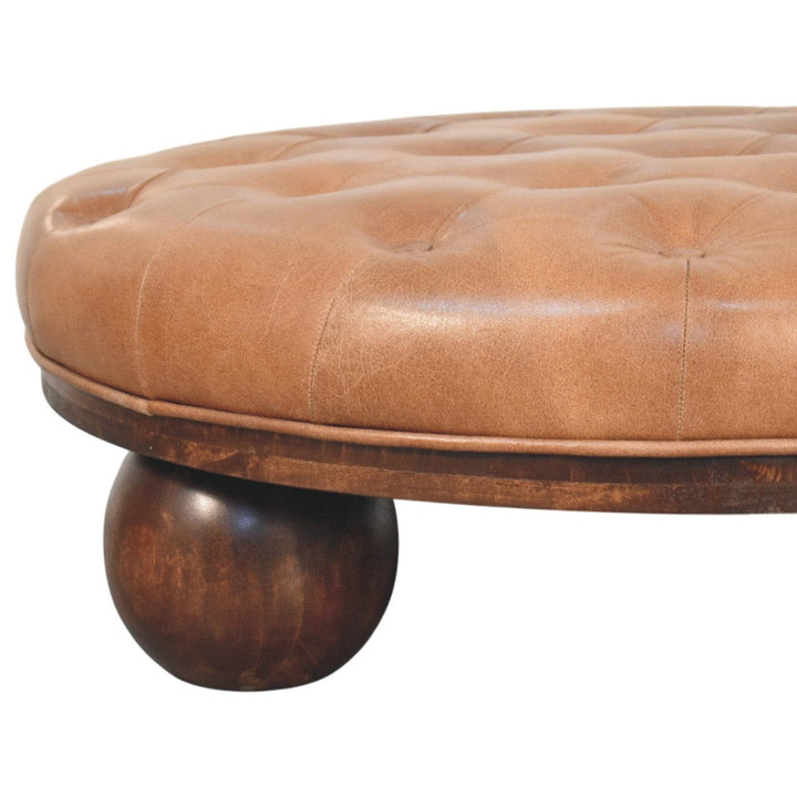 Sfera Coffee Table - Solid Mango Wood Center Table for Living Room with tufted leather top and round wooden base.