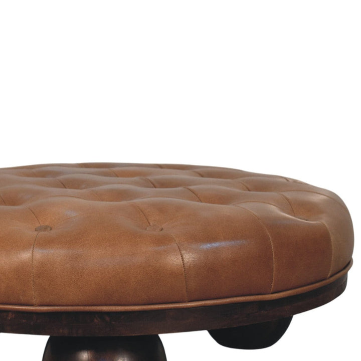 Sfera Coffee Table - Solid Mango Wood Center Table for Living Room with a round, tufted leather top.