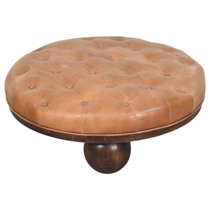 Sfera Coffee Table - Solid Mango Wood Center Table for Living Room with tufted leather upholstery.