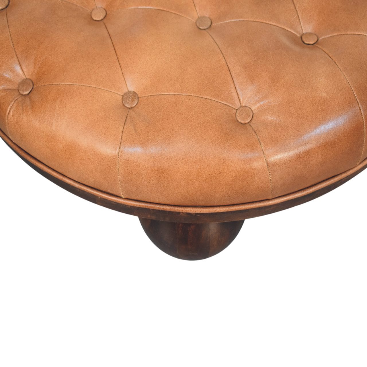 Sfera Coffee Table - Solid Mango Wood Center Table for Living Room surface view with tufted leather top.