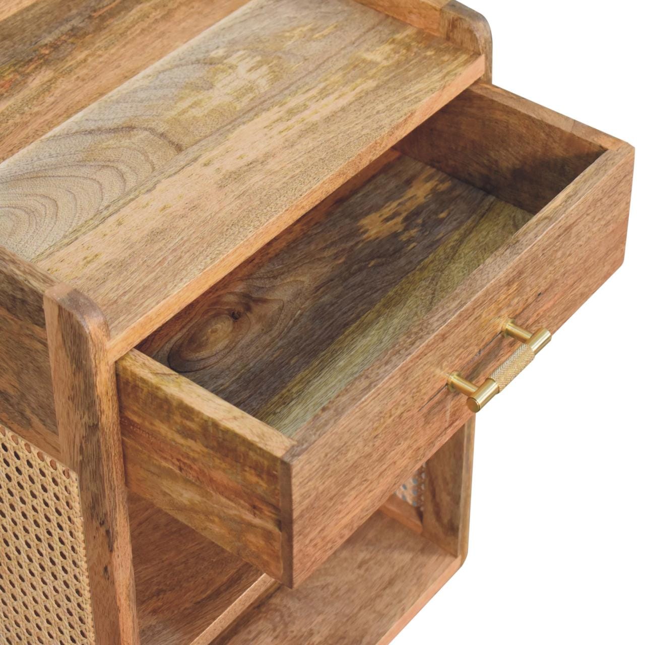 T-Bar Open Nightstand - Solid Mango Wood Bedside Table for Bedroom - product view 7 showing handcrafted solid mango wood...