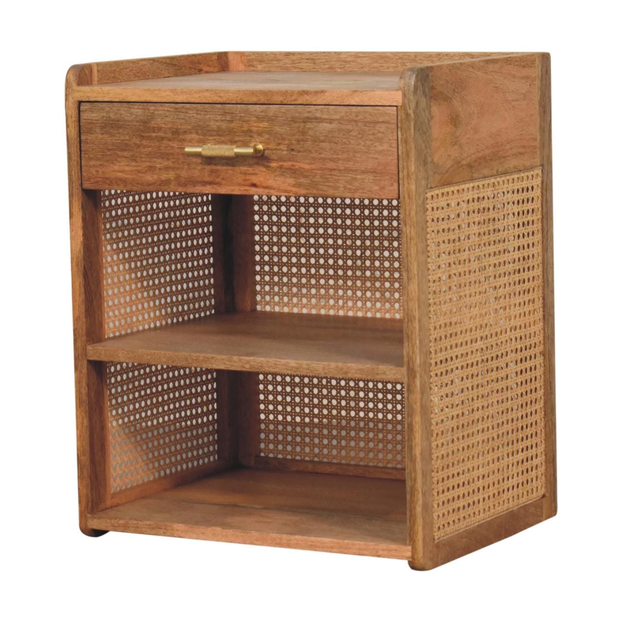 T-Bar Open Nightstand - Solid Mango Wood Bedside Table for Bedroom - product view 4 showing handcrafted solid mango wood...