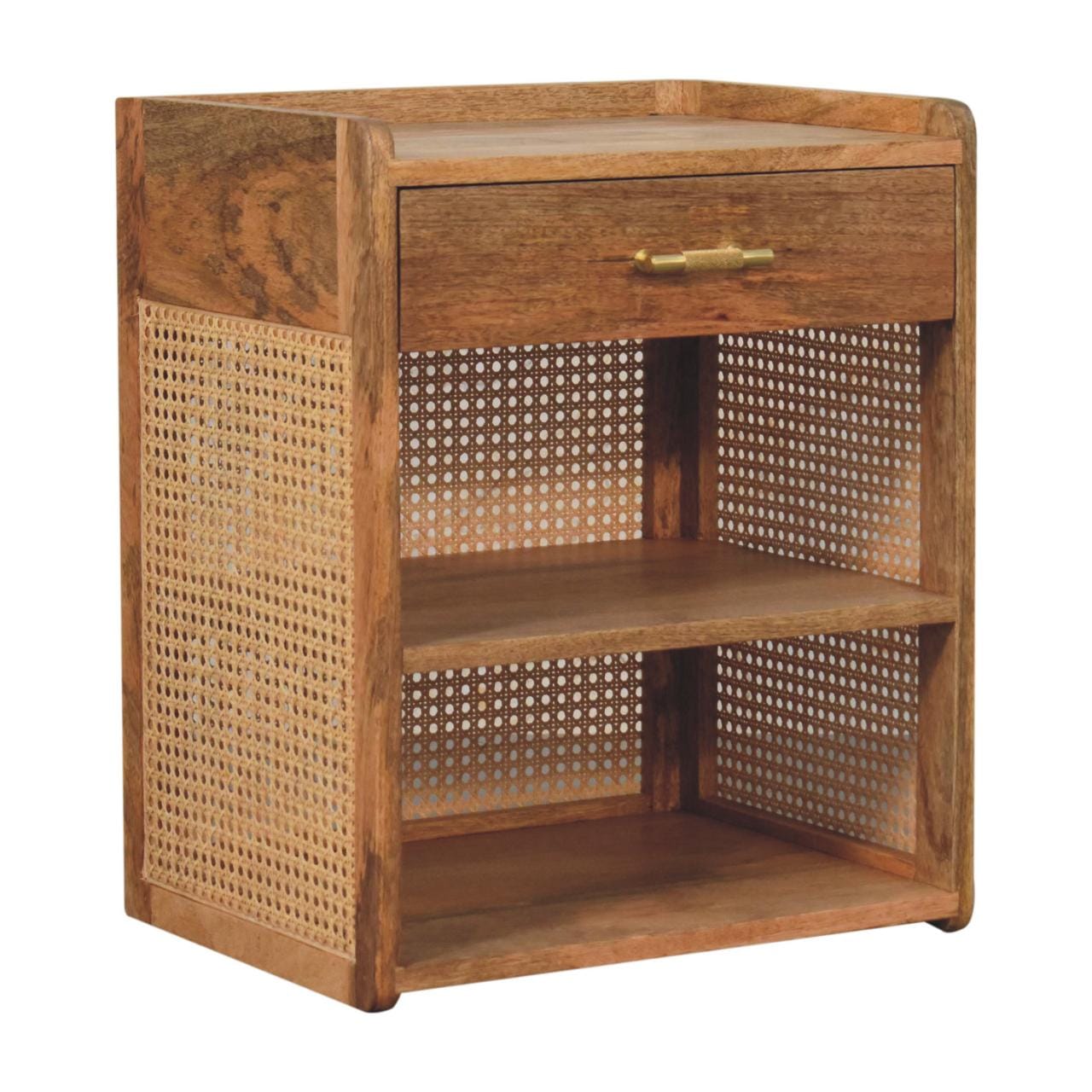 T-Bar Open Nightstand - Solid Mango Wood Bedside Table for Bedroom - product view 3 showing handcrafted solid mango wood...