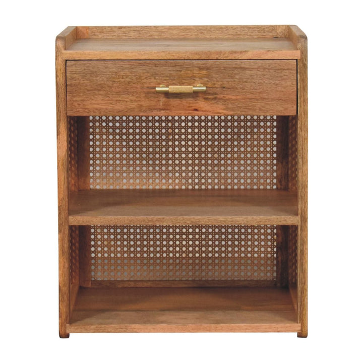 T-Bar Open Nightstand - Solid Mango Wood Bedside Table for Bedroom - product view 2 showing handcrafted solid mango wood...