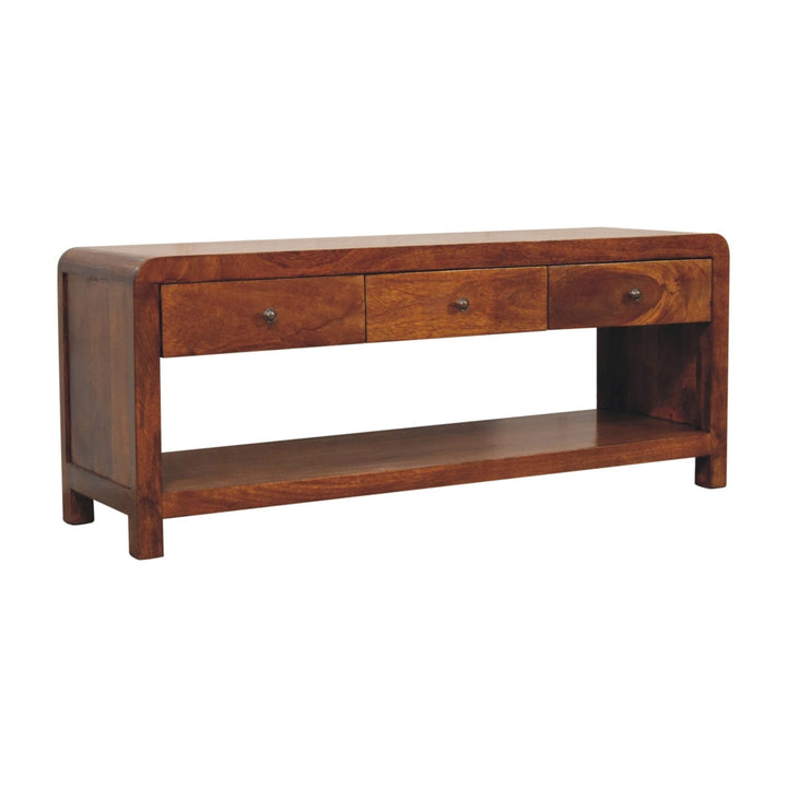 Mid-Century Modern TV Stand - Solid Mango Wood Entertainment Center for Living Room - product view 3 showing handcrafted...
