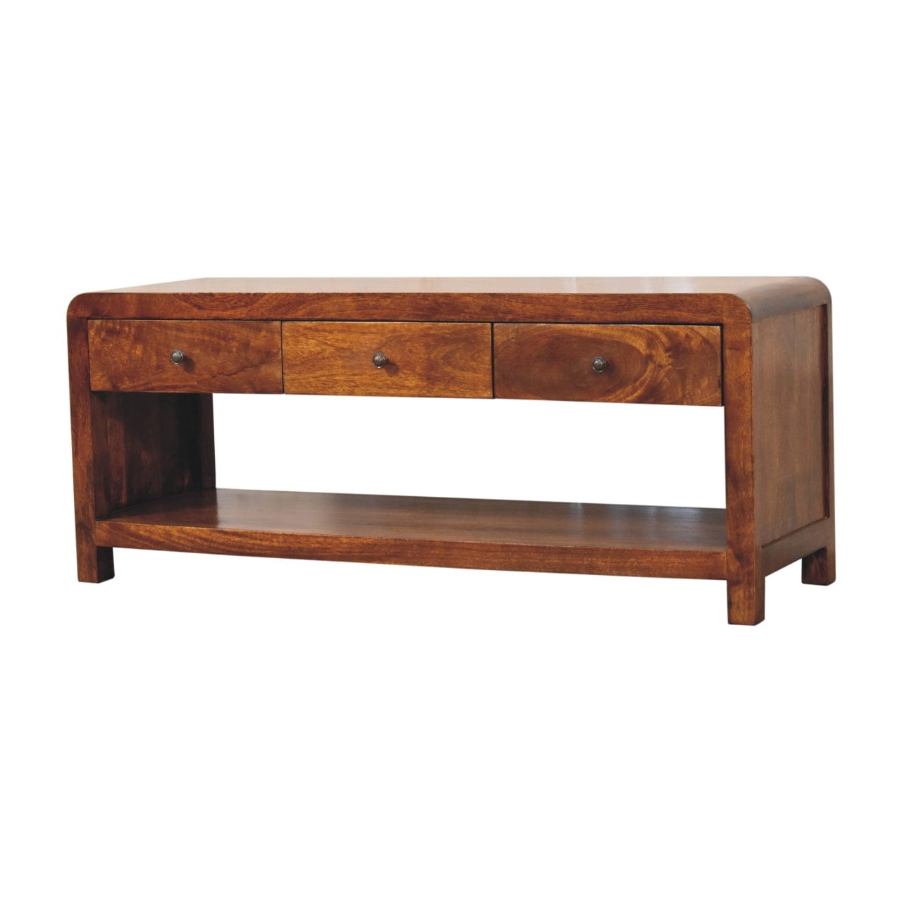 Mid-Century Modern TV Stand - Solid Mango Wood Entertainment Center for Living Room - product view 2 showing handcrafted...