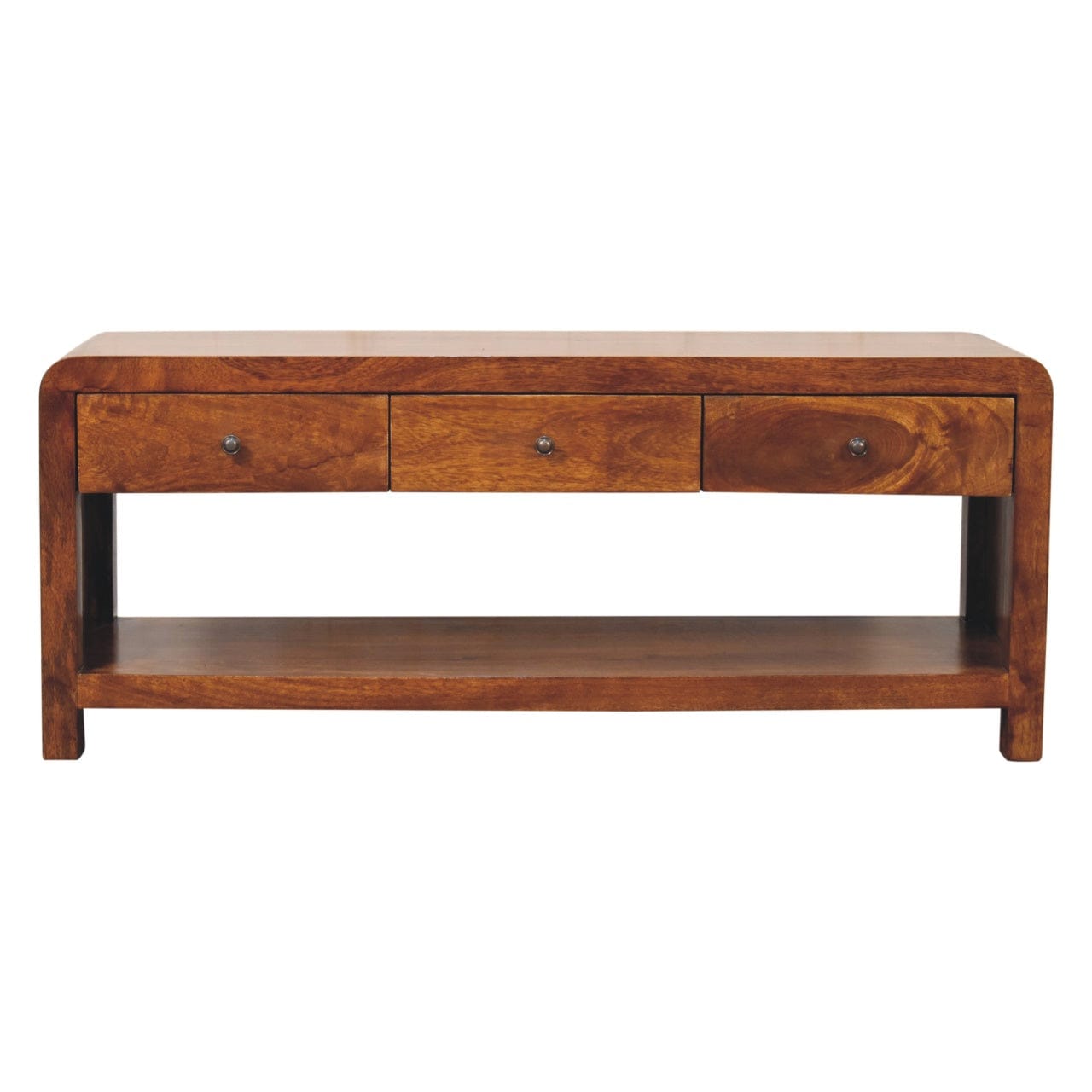 Mid-Century Modern TV Stand - Solid Mango Wood Entertainment Center for Living Room - main view showing handcrafted solid...