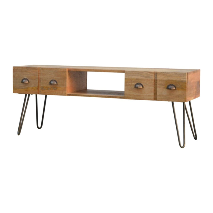 Mid-Century Modern TV Stand - Solid Mango Wood Entertainment Center for Living Room - product view 5 showing handcrafted...