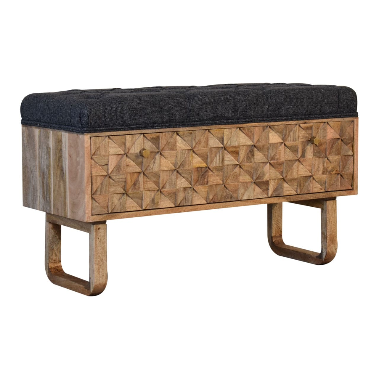 Mid-Century Modern 'U' Black Tweed Solid Woodapple Bench - Solid Mango Wood Seating Furniture for Entryway - main view...